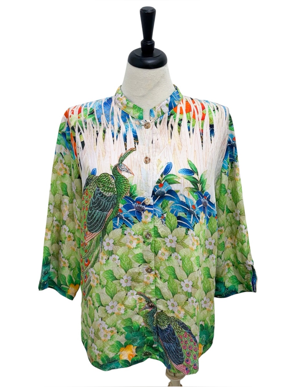 Citron Santa Monica Peacock Asian Inspired Button Up 3/4 Sleeve Tunic Medium